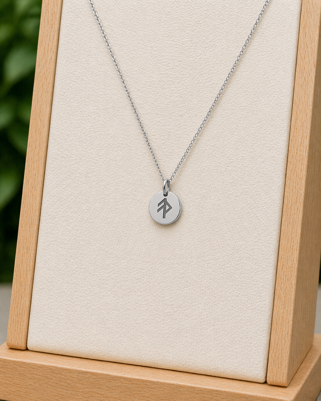 Single rune- Grace 14mm round on 45cm rope chain Stainless Steel