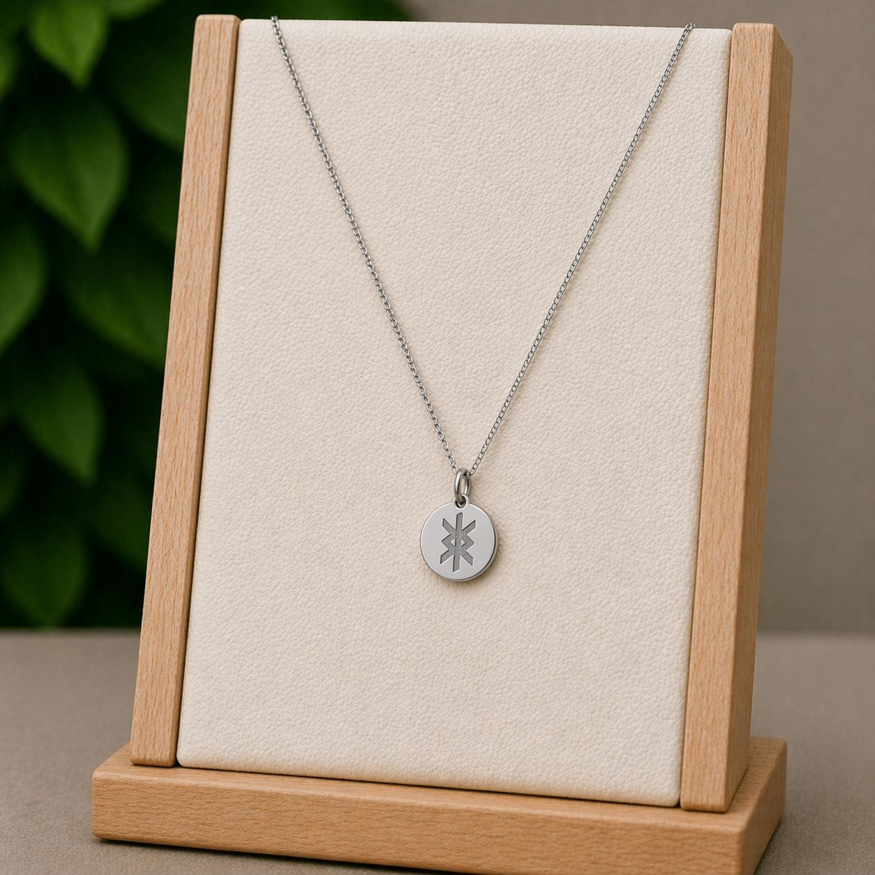 Single rune- Protection 14mm round on 45cm rope chain Stainless Steel