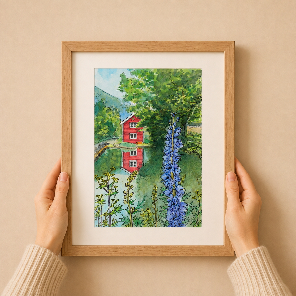 A4 Poster Scenery Little red house with pond and Monk’s hood flowers