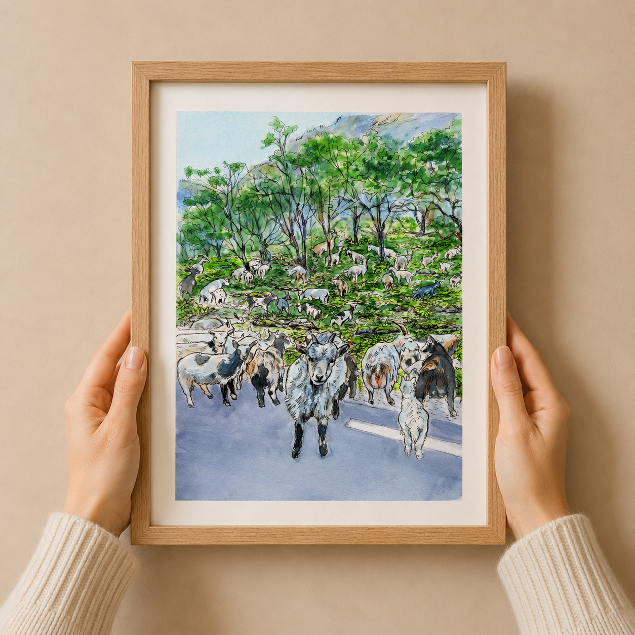 A4 Poster Scenery- Goats in Undredal valley blocking the road with ferns