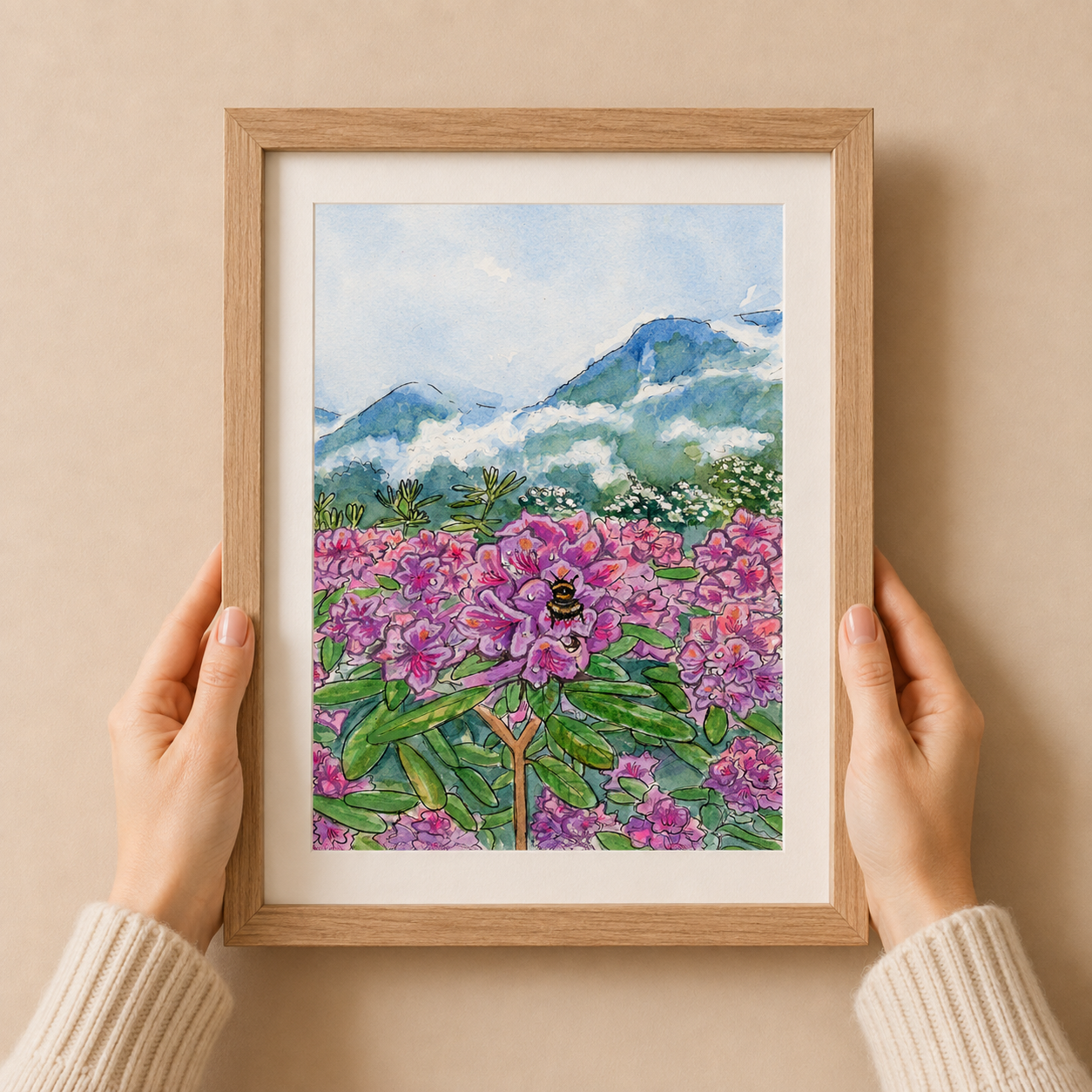 A4 Poster Scenery card Rhododendron bush at Flåm port with bumble bee