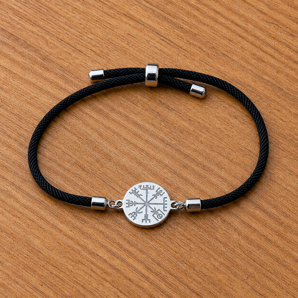 Vegvisir round 21mm black silver SS textile cord