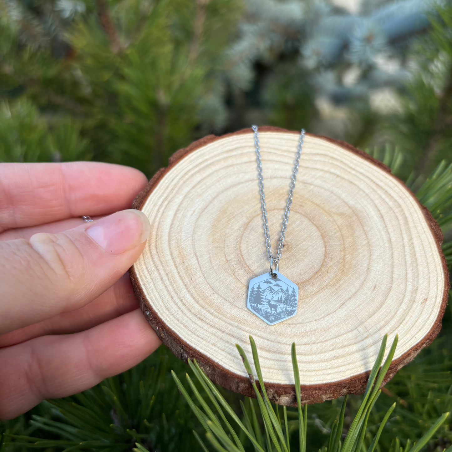 Deer, trees and the fjord necklace- Stainless Steel