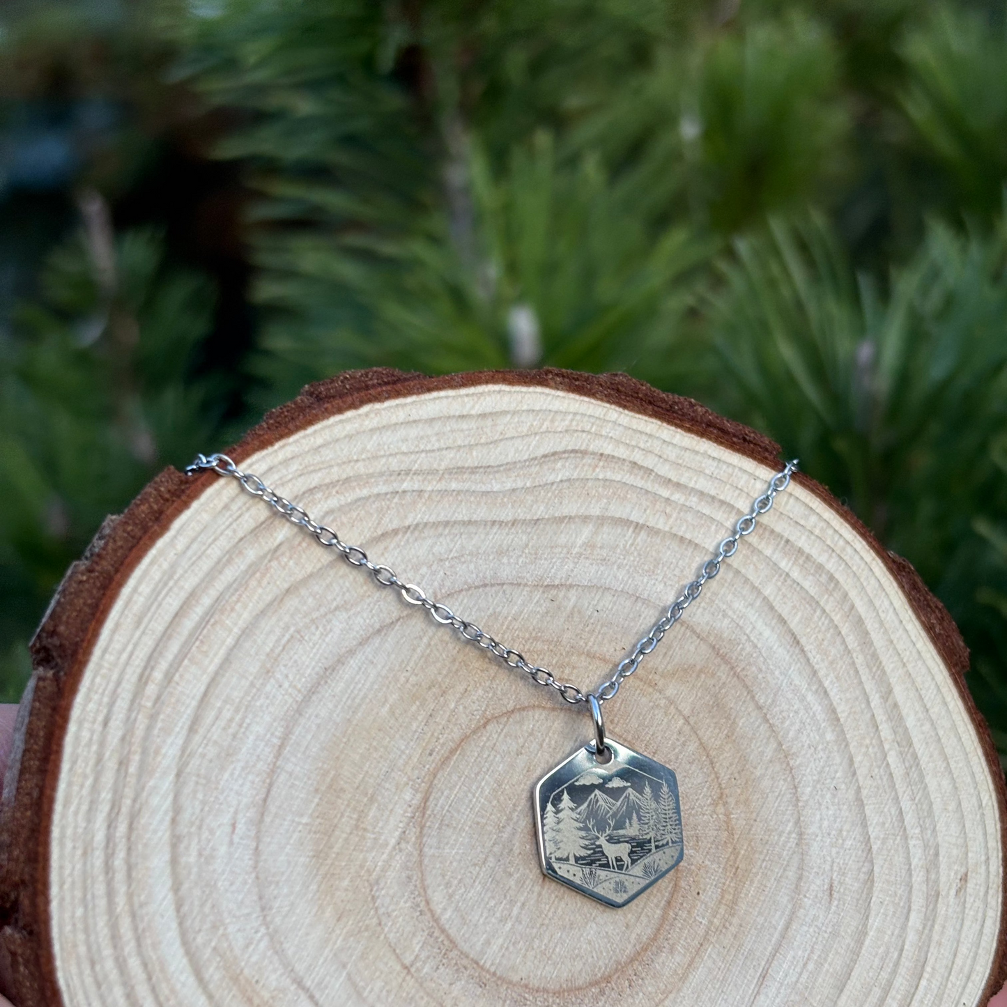 Deer, trees and the fjord necklace- Stainless Steel