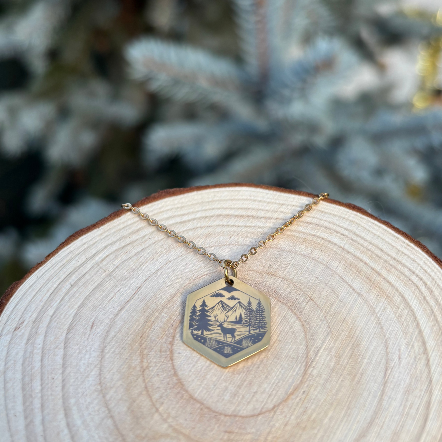 Deer, trees and the fjord necklace- Stainless Steel