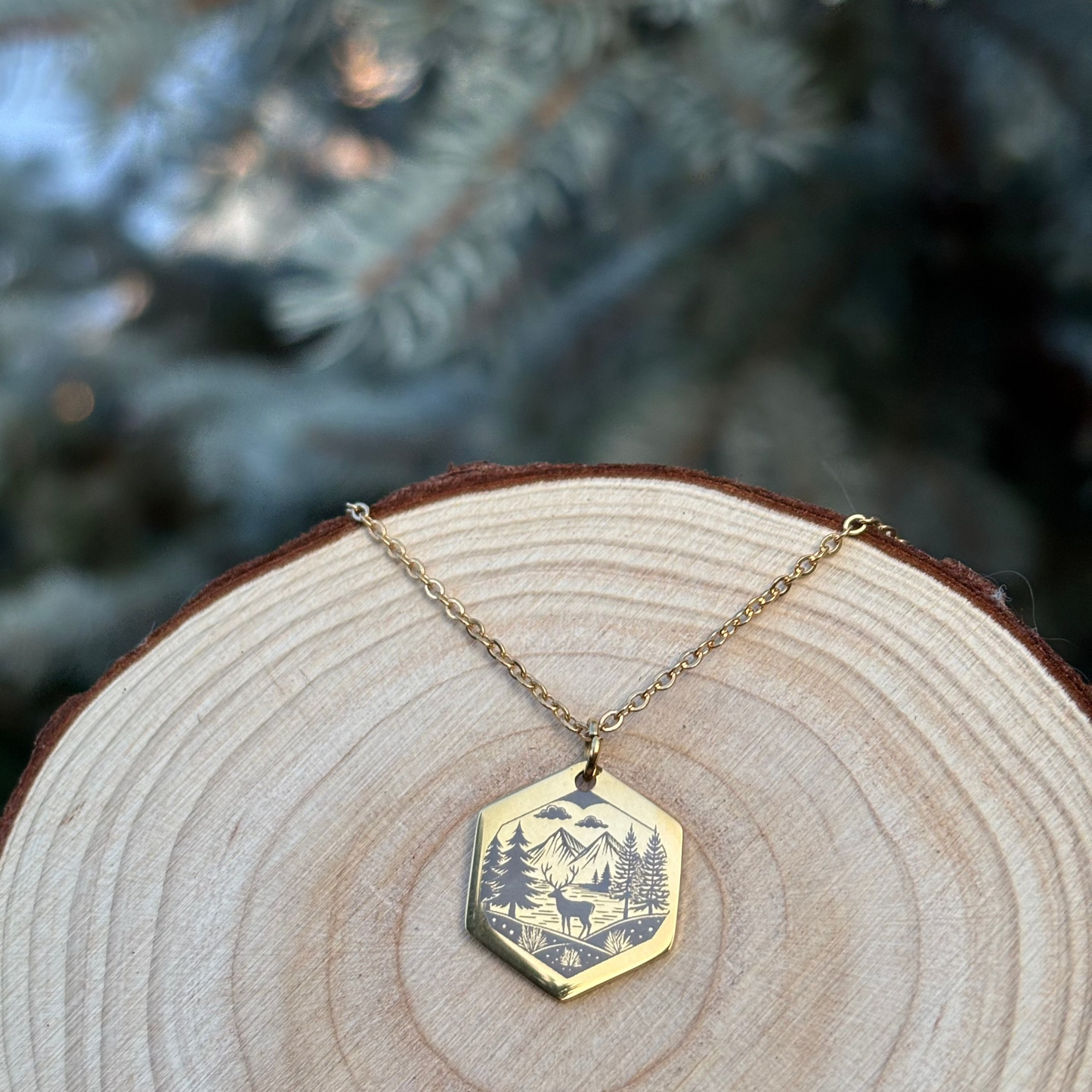 Deer, trees and the fjord necklace- Stainless Steel