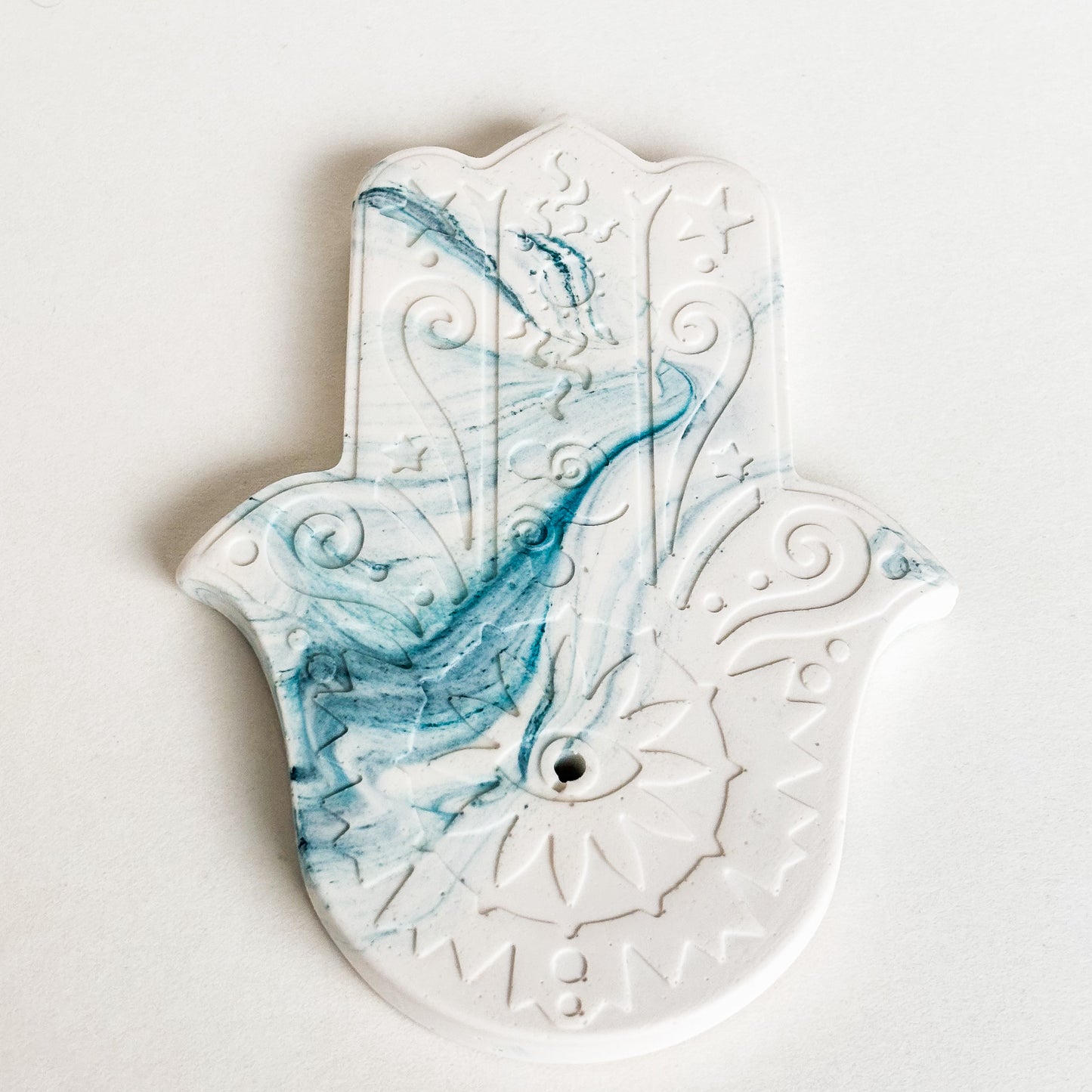 Incense stick holder Hamsa hand- Teal blue marble