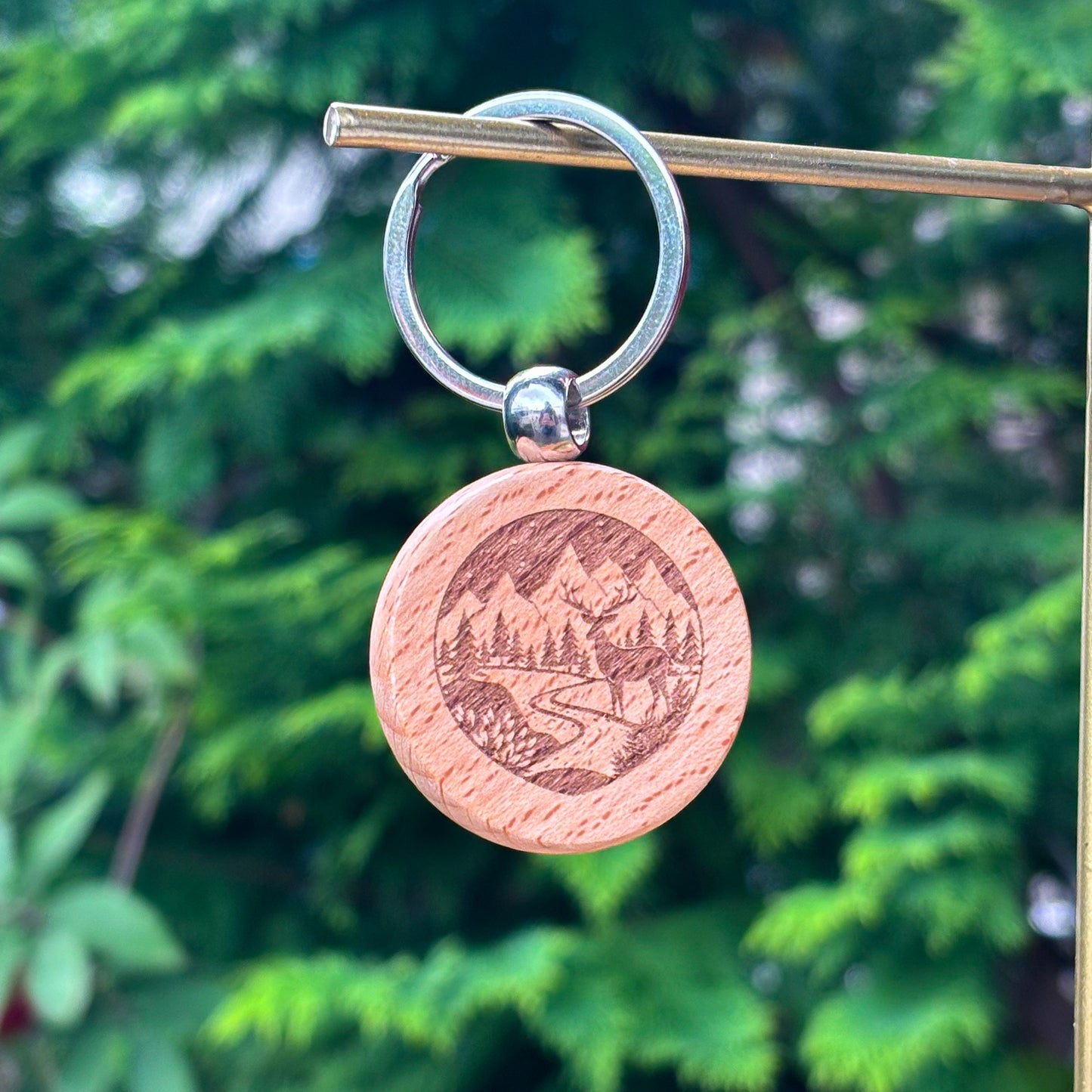 Deer by the river 35X35mm round wooden keychain