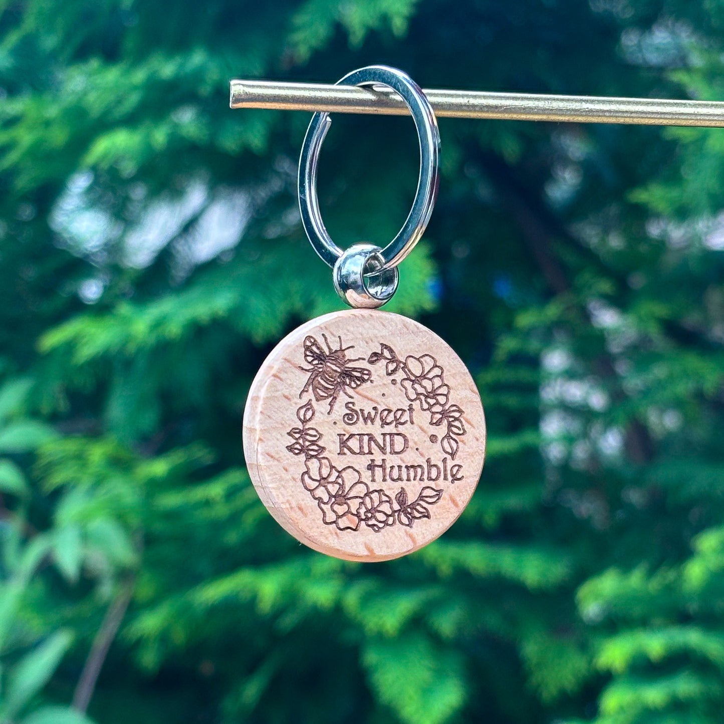 Sweet kind and humble on round bamboo 35x35mm wooden keychain