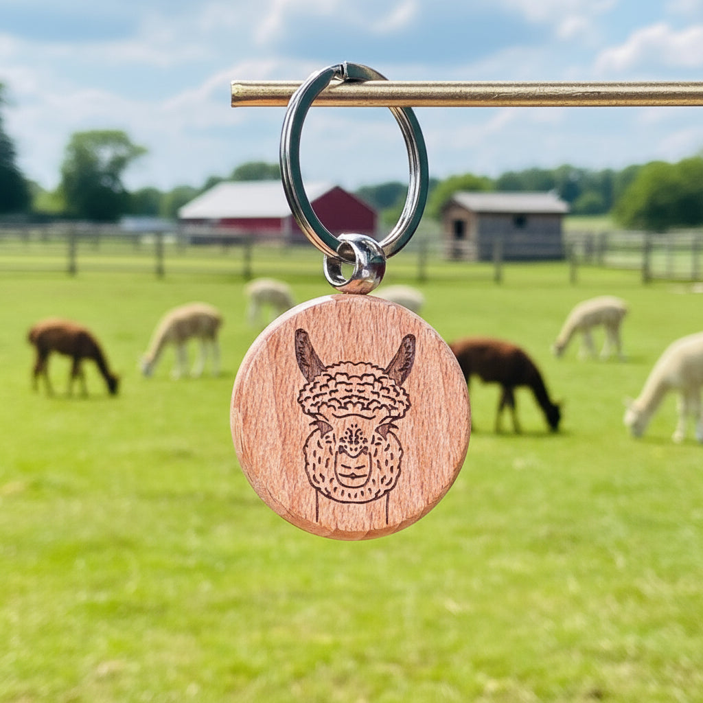 Llamma head wooden keychain 35x35mm round