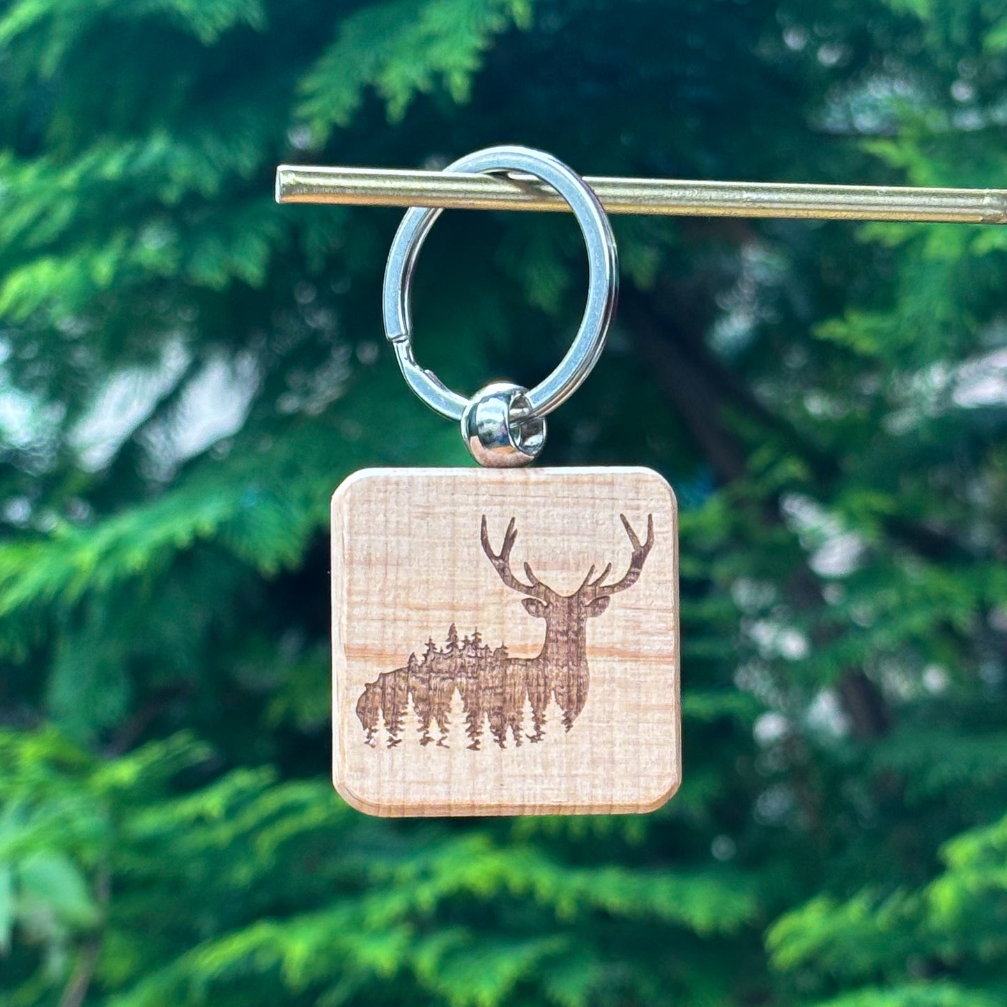 Reindeer intertwined with trees 38X38mm square wooden keychain