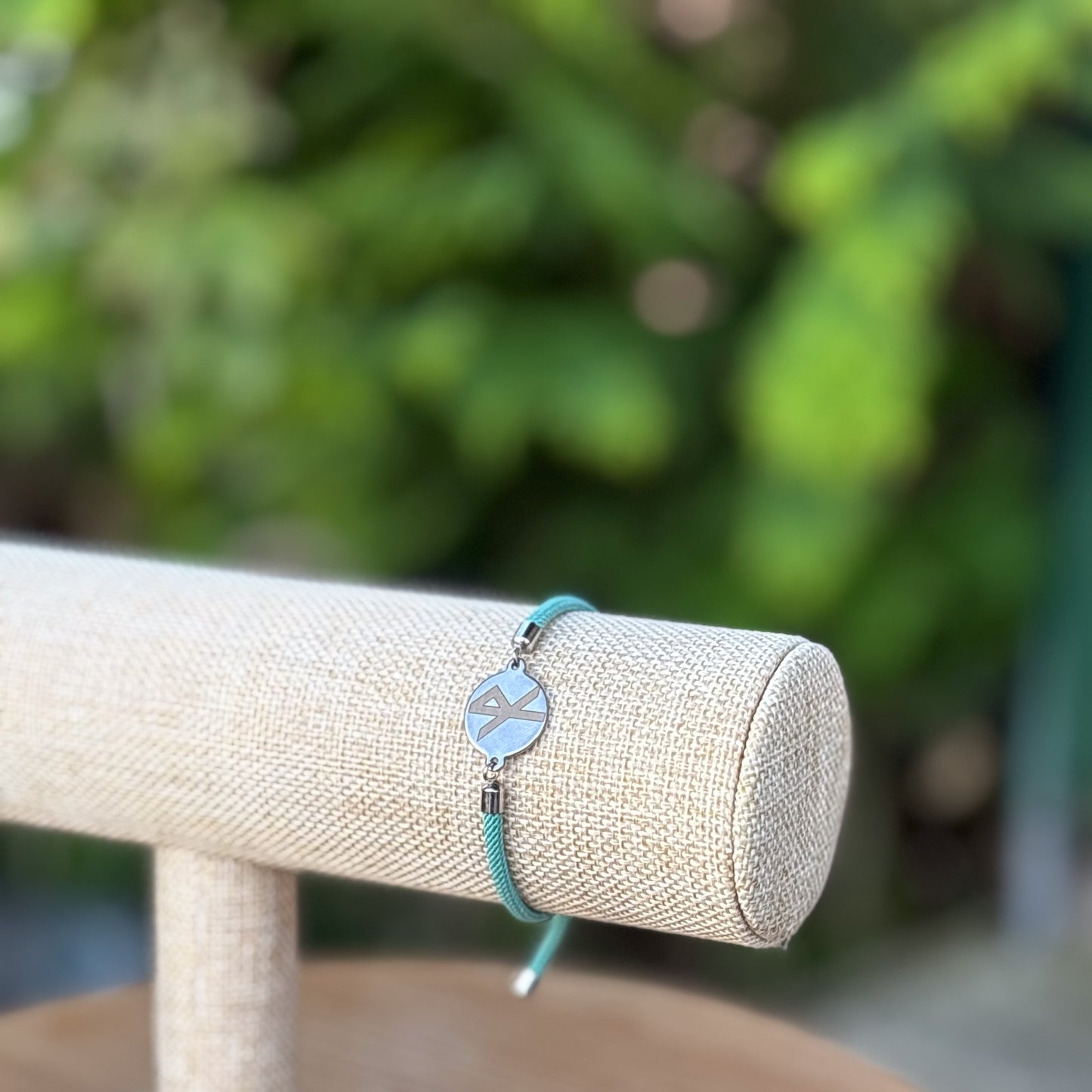 Safe travels rune round 21mm mint green silver SS textile cord