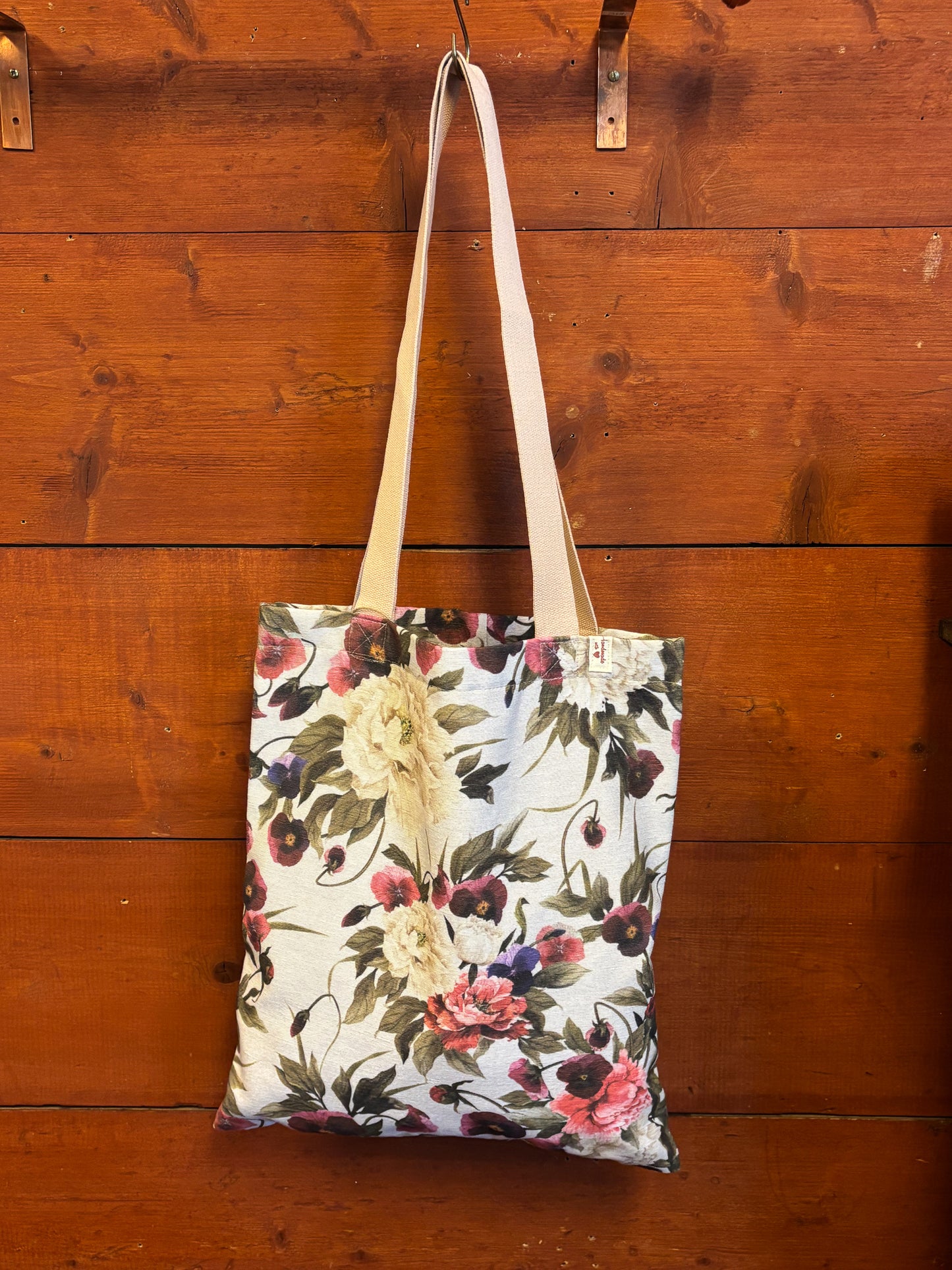 Pansies and Peonies floral tote hand bag