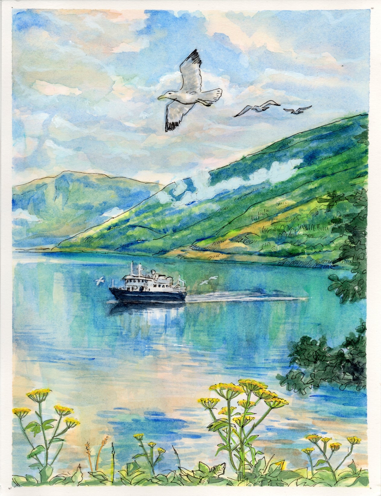 A3 Poster Scenery-Lady Elizabeth boat with seagulls flying above