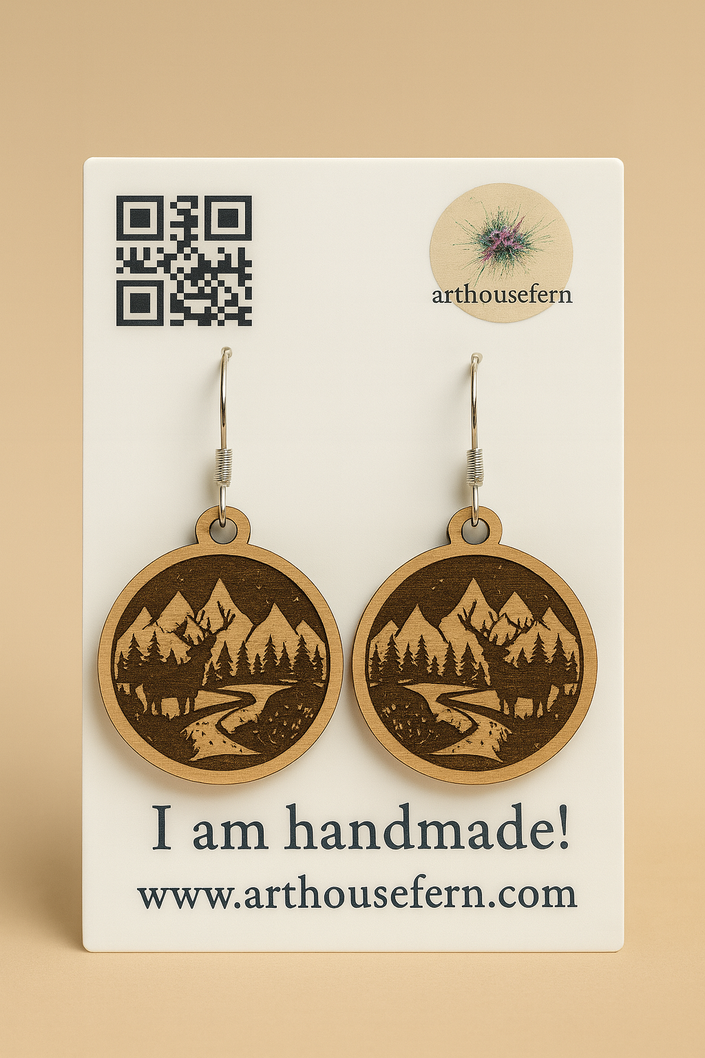 Deer by the river 26x30mm wooden earrings 925 silver wires