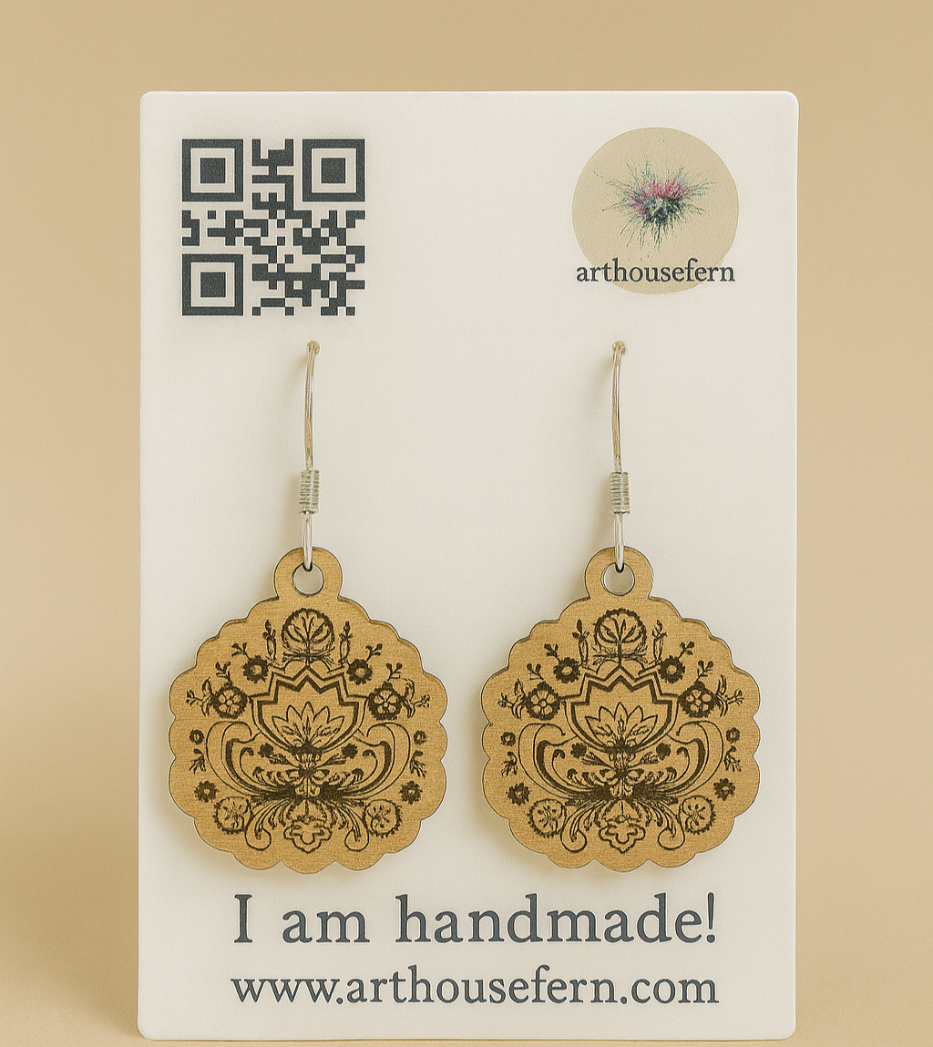 Rosemaling 27x28mm wooden earrings 925 silver wires