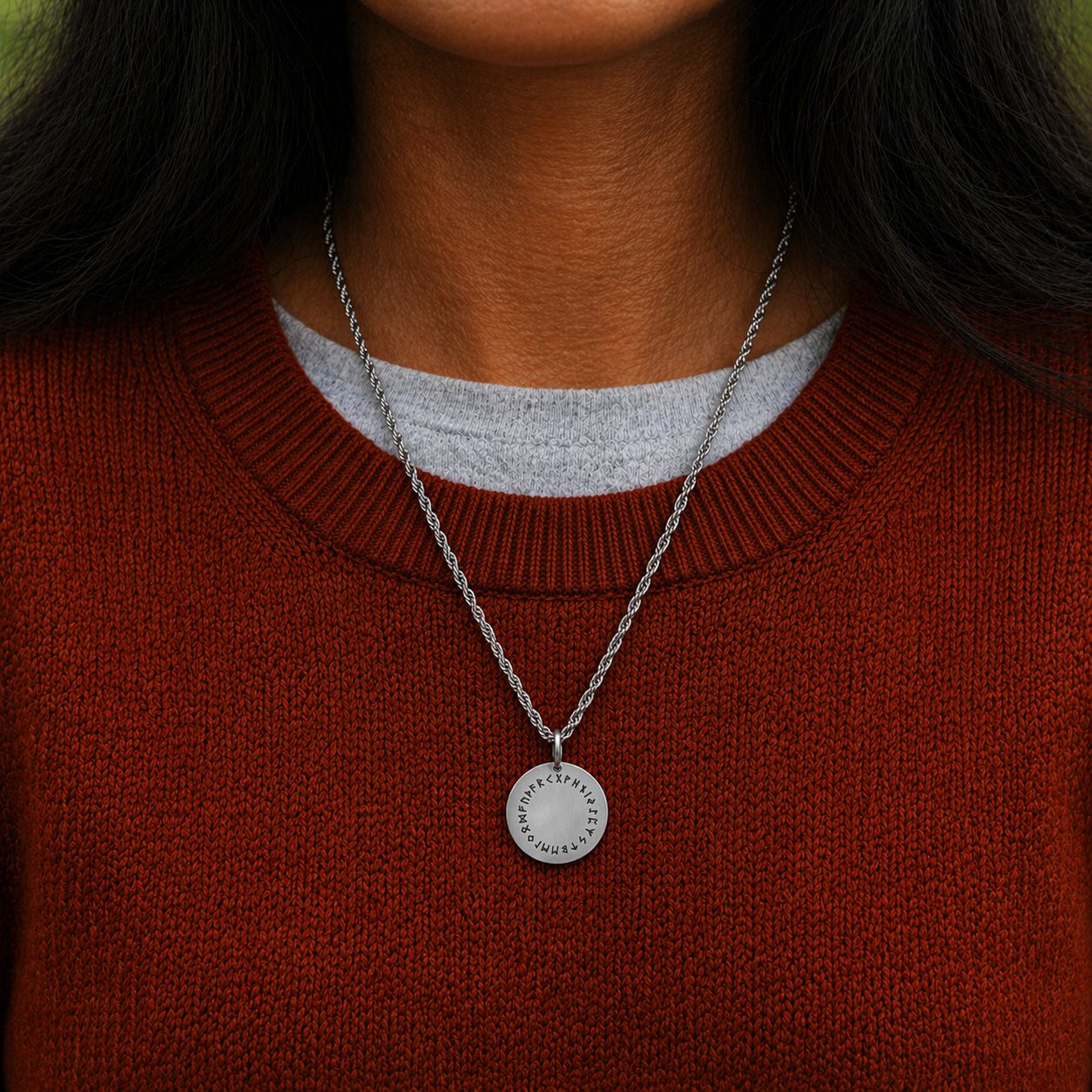 Runes going in circle on 14mm round Stainless Steel on 45cm rope chain