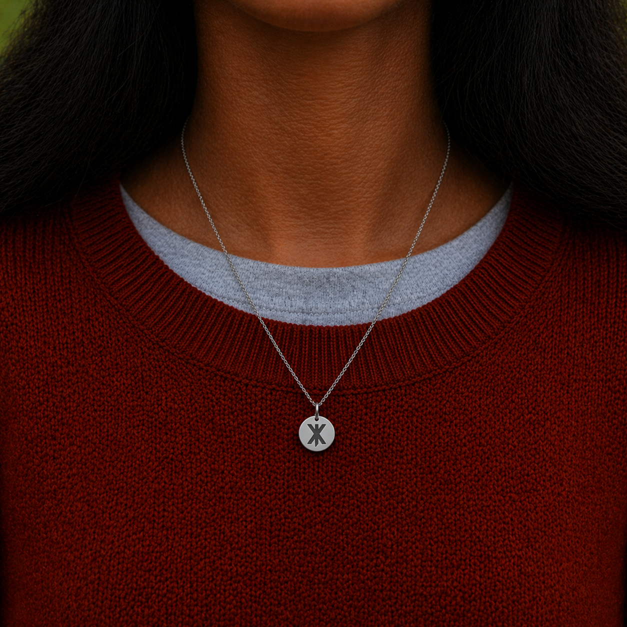 Single rune- Strength 14mm round on 45cm rope chain Stainless Steel