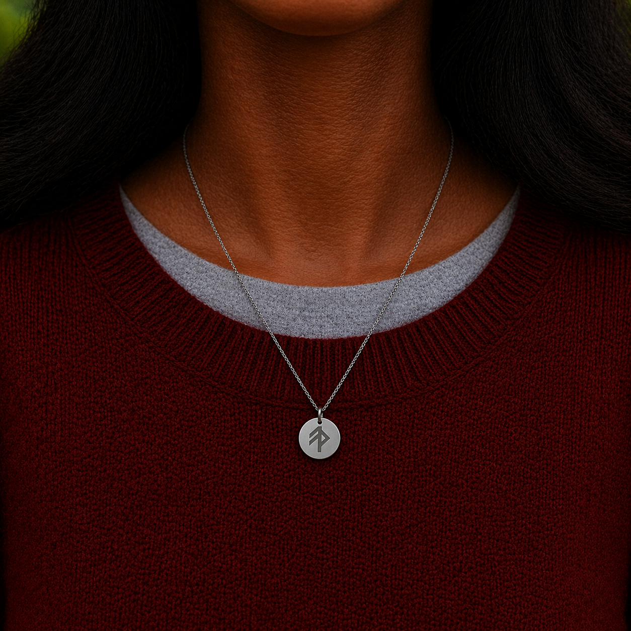 Single rune- Grace 14mm round on 45cm rope chain Stainless Steel