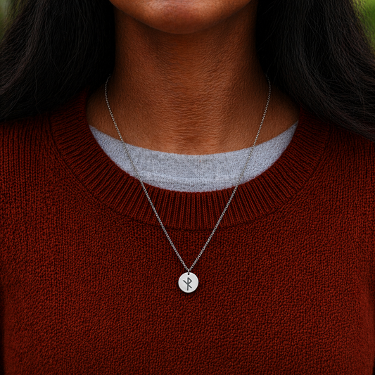 Single rune- Safe travels 14mm round on 45cm rope chain Stainless Steel