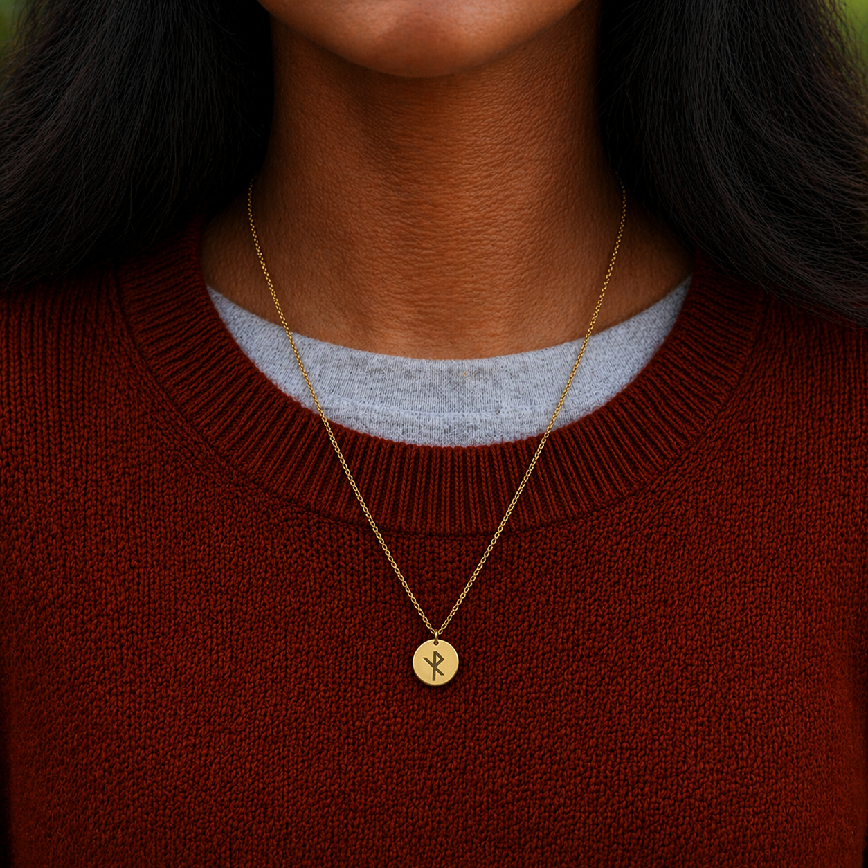 Single rune- Safe travels 14mm round on 45cm rope chain Stainless Steel