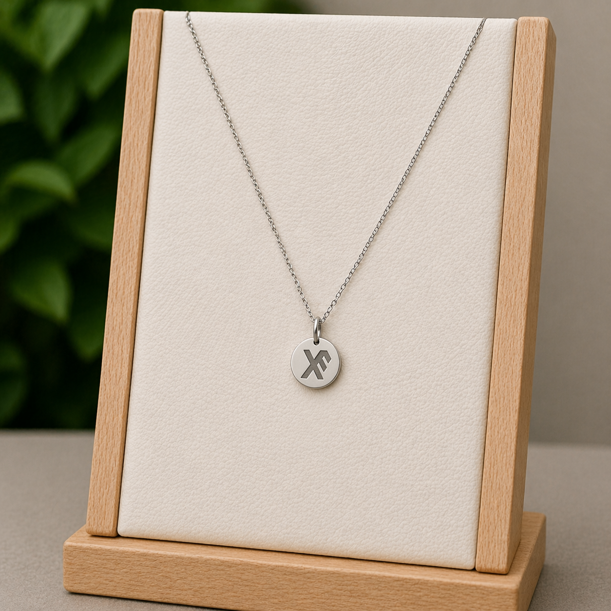 Single rune- Good luck 14mm round on 45cm rope chain Stainless steel