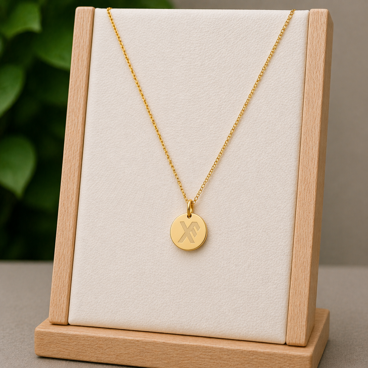 Single rune- Good luck 14mm round on 45cm rope chain Stainless steel