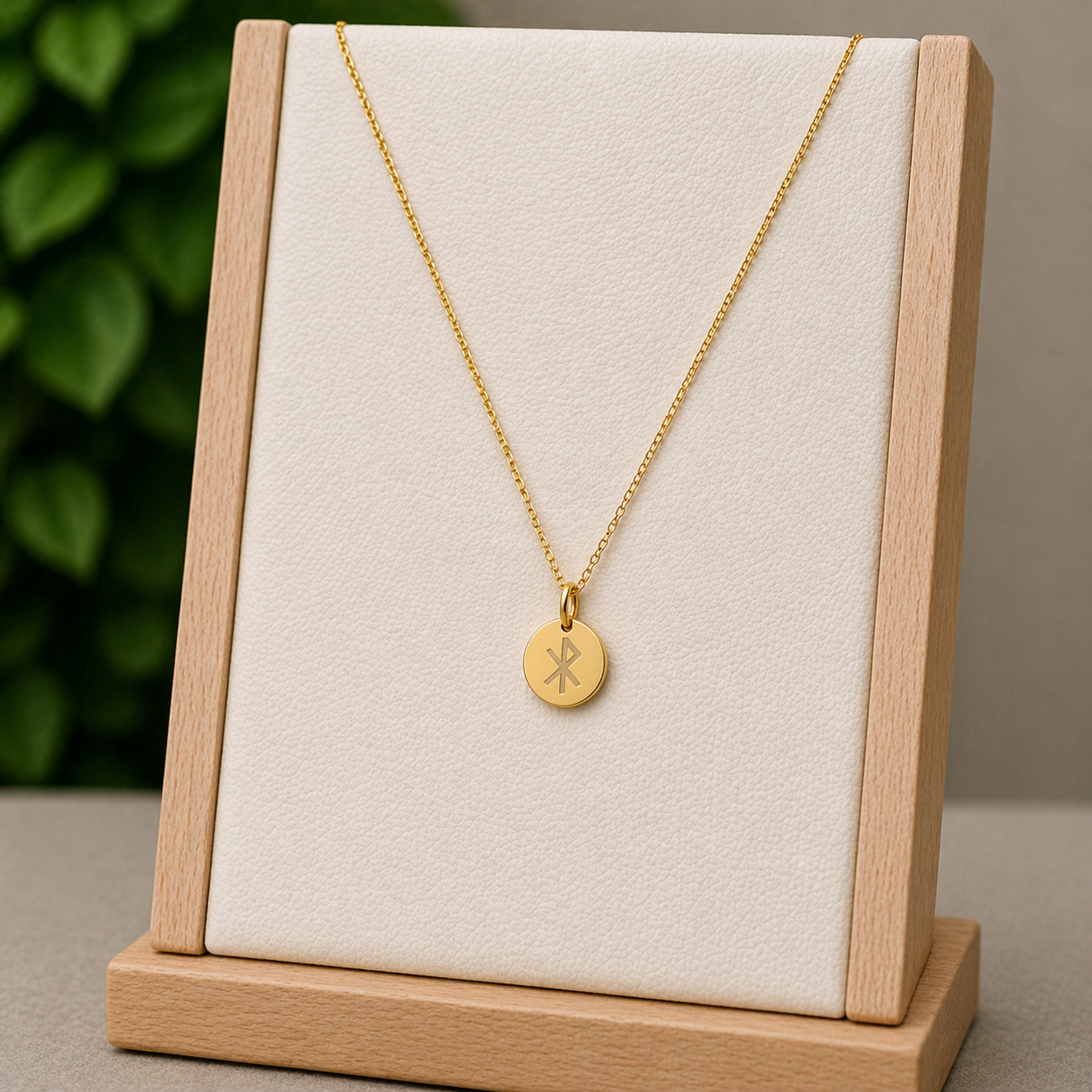 Single rune- Love 14mm round Gold SS on 45cm rope chain