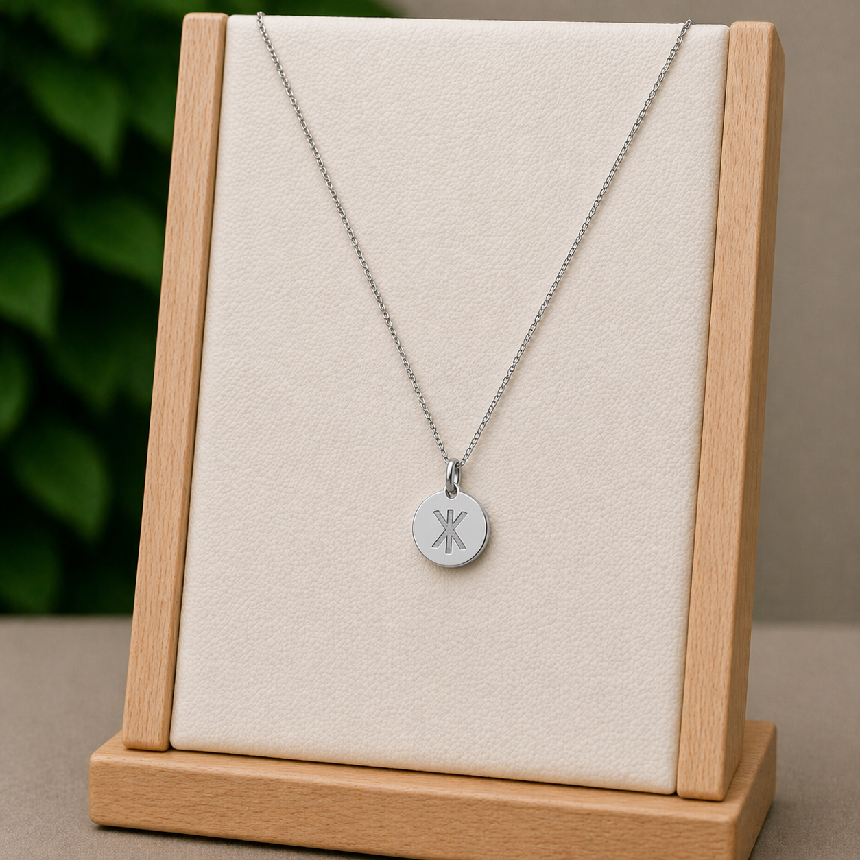 Single rune- Strength 14mm round on 45cm rope chain Stainless Steel