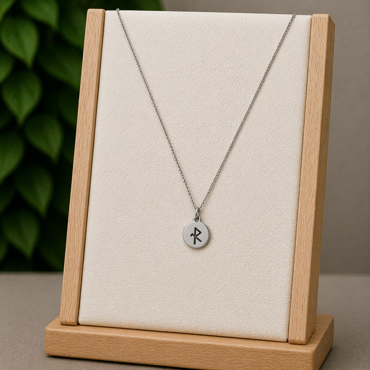 Single rune- Safe travels 14mm round on 45cm rope chain Stainless Steel