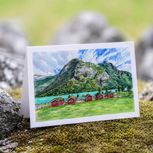 Scenery card- Red camping cabins at Oldevatnet in Olden