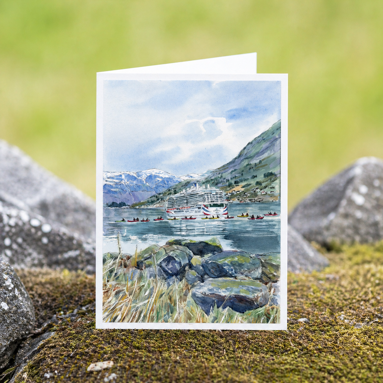Scenery card- P & O Cruise docked at Olden port with kayakers roaming around