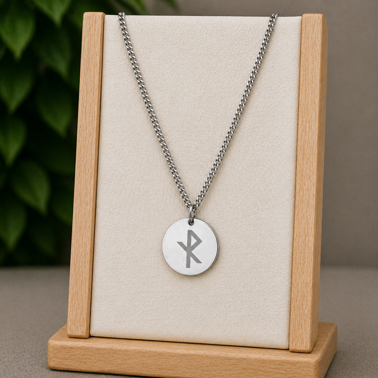 Single rune- Safe travels 25mm round on 50cm thick chain Stainless Steel