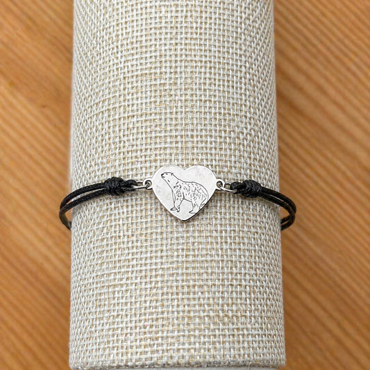 Polar bear 14x12mm heart silver on thin cord black