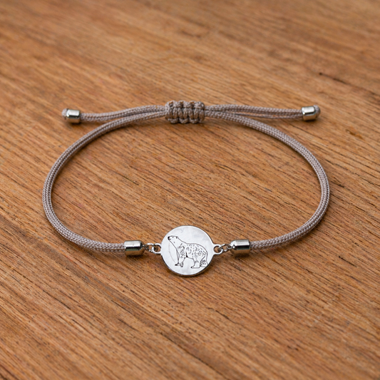 Polar bear 21mm round silver on textile cord sand beige