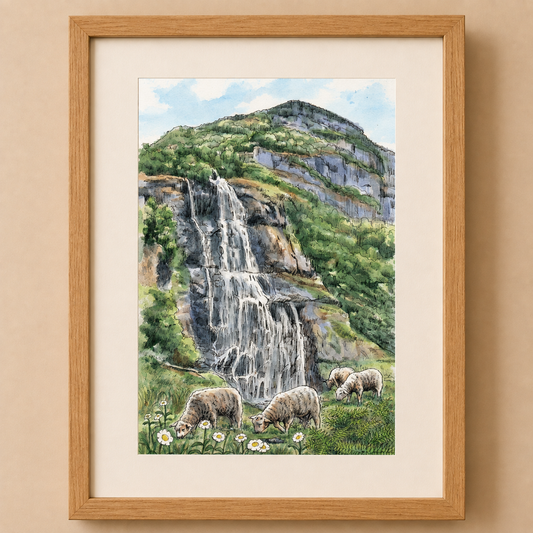 A4 Poster Landschaft Brekkefossen mit Schafen und Gänseblümchen