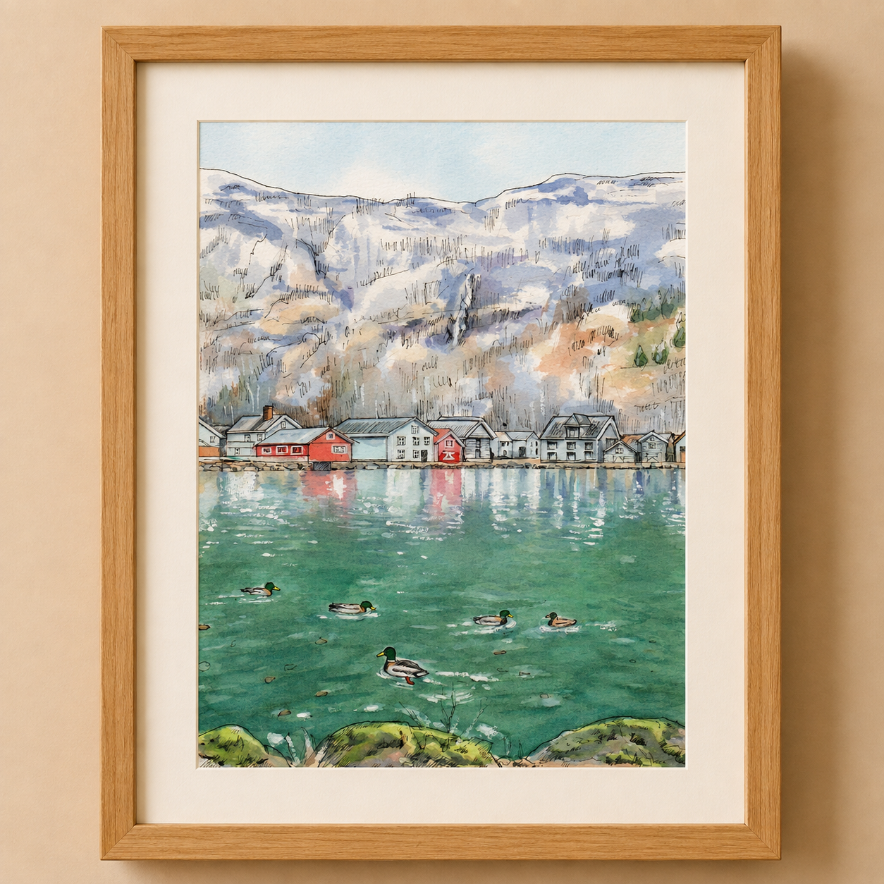 A4 Poster Scenery Lærdalsbryggja with ducks and moss