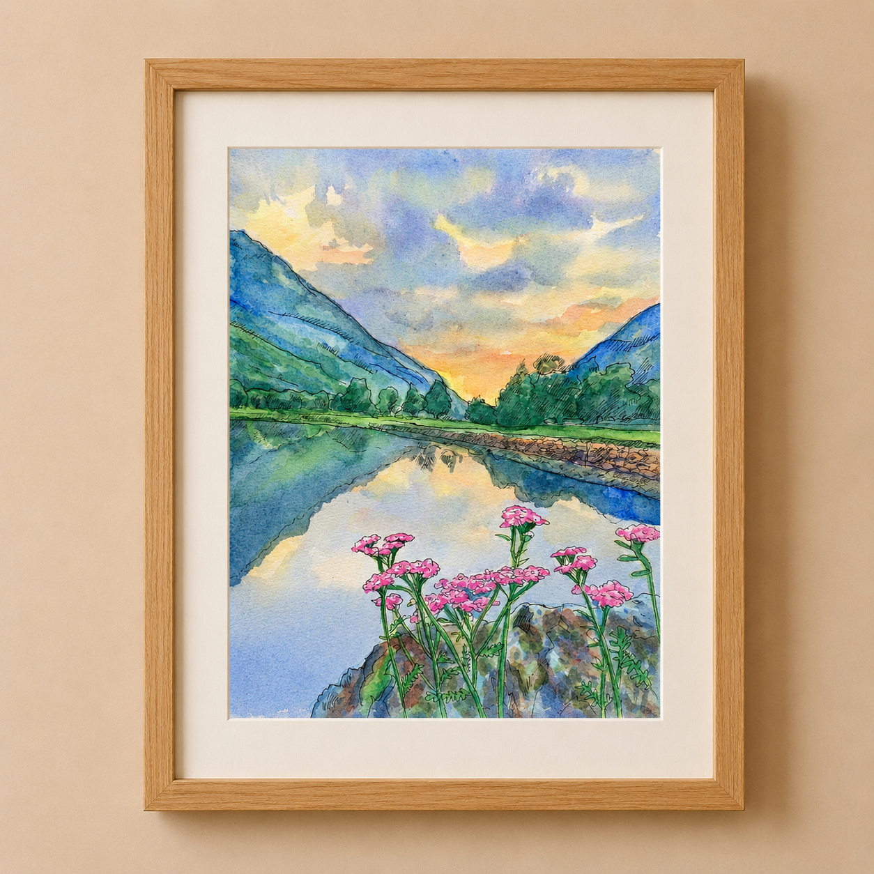 A4 Poster Scenery Laerdal River with Pink Yarrows during summer sunset