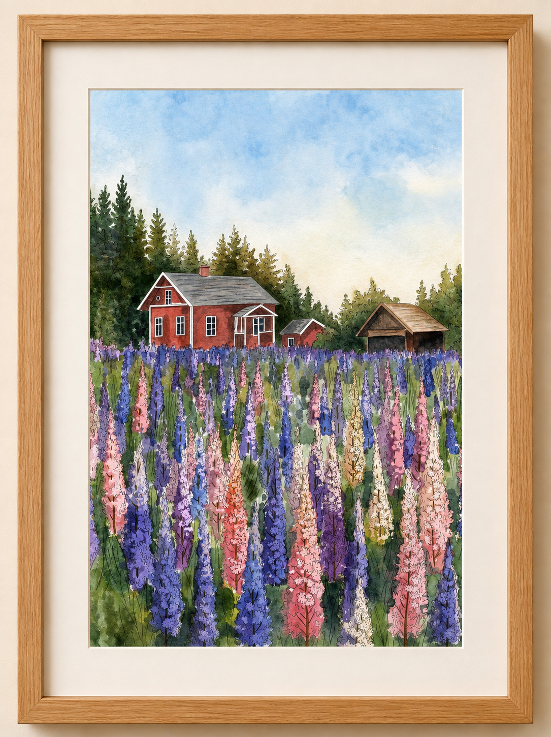 A4 Poster Scenery Lupins with red cabin Illustation