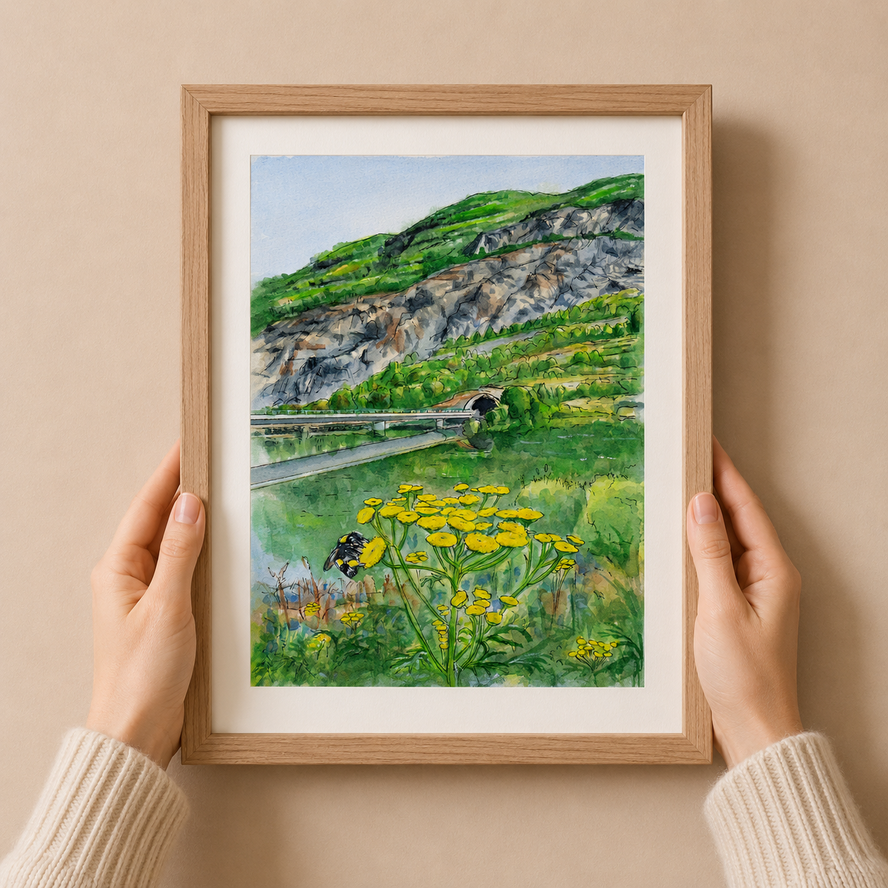 A4 Poster Scenery Bumblee bee on Tansy overlooking tunnel to Ardal