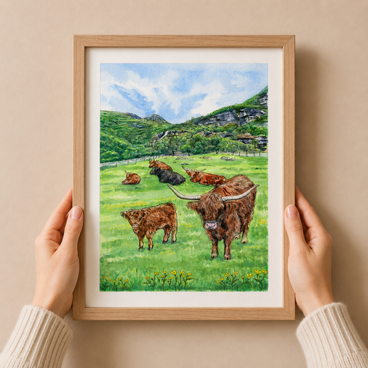 A4 Poster Landschaft Flammtal, Zottelrinder und Hahnenfuß