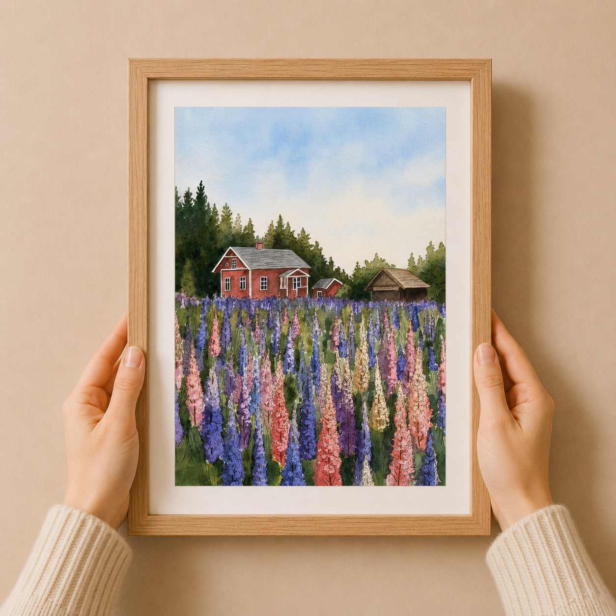 A4 Poster Scenery Lupins with red cabin Illustation