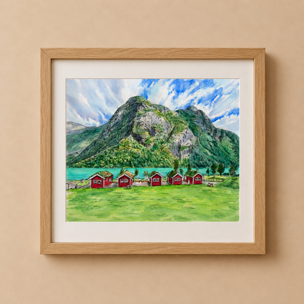 A4 Poster Scenery  Red camping cabins at Oldevatnet in Olden