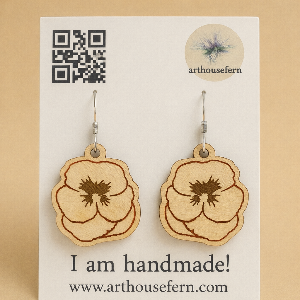 Pansies 23x29mm wooden earrings 925 silver wires