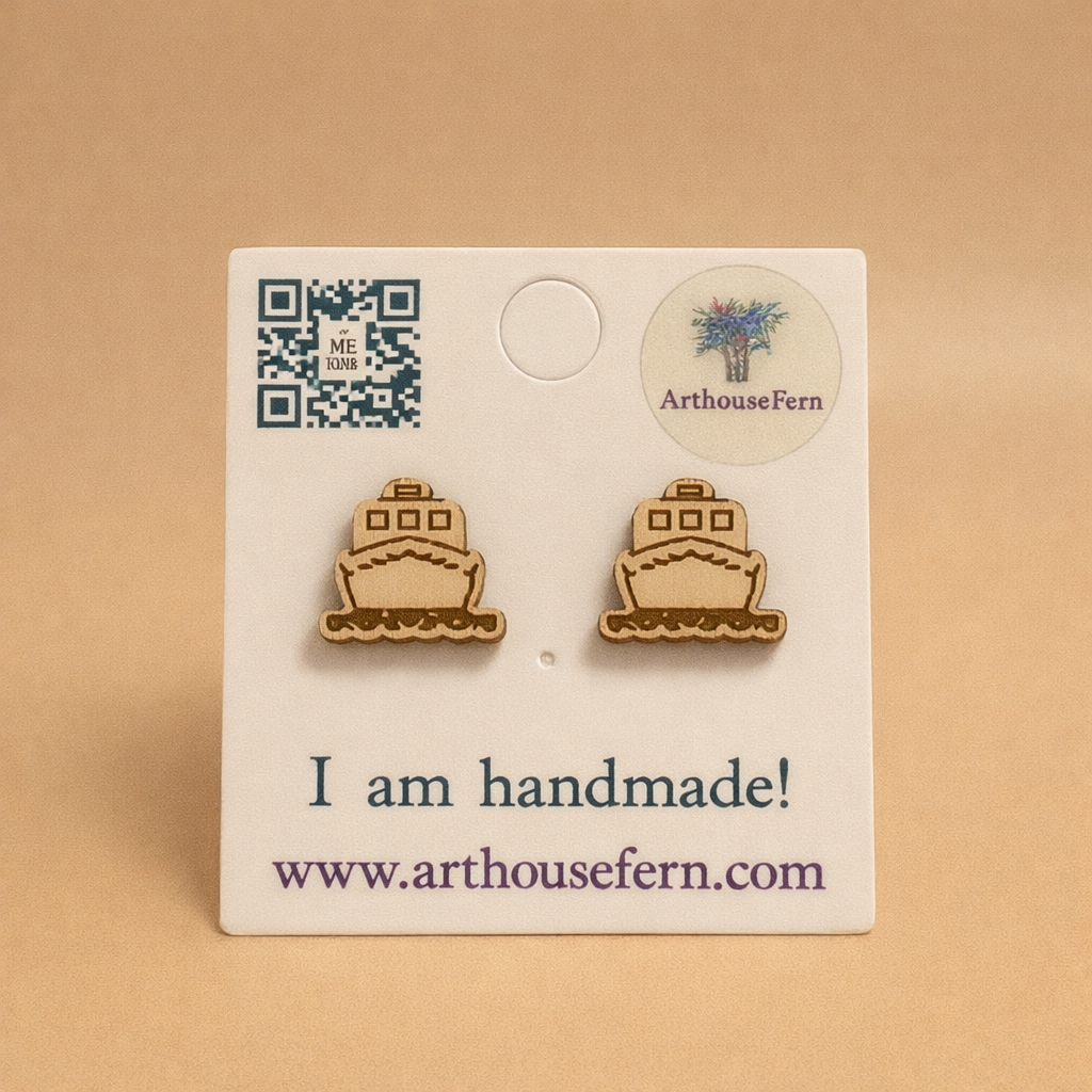 Cruises front view natural 9.5x9.5mm wooden studs 925 silver back