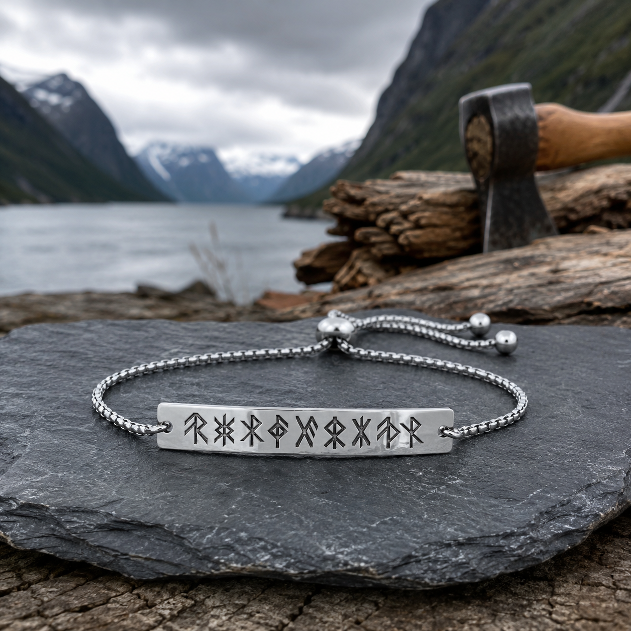 9 runes on curved bar bracelet Rope chain Stainless Steel