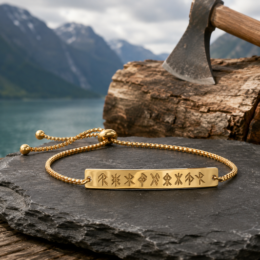 9 runes on curved bar bracelet Rope chain Gold Stainless Steel