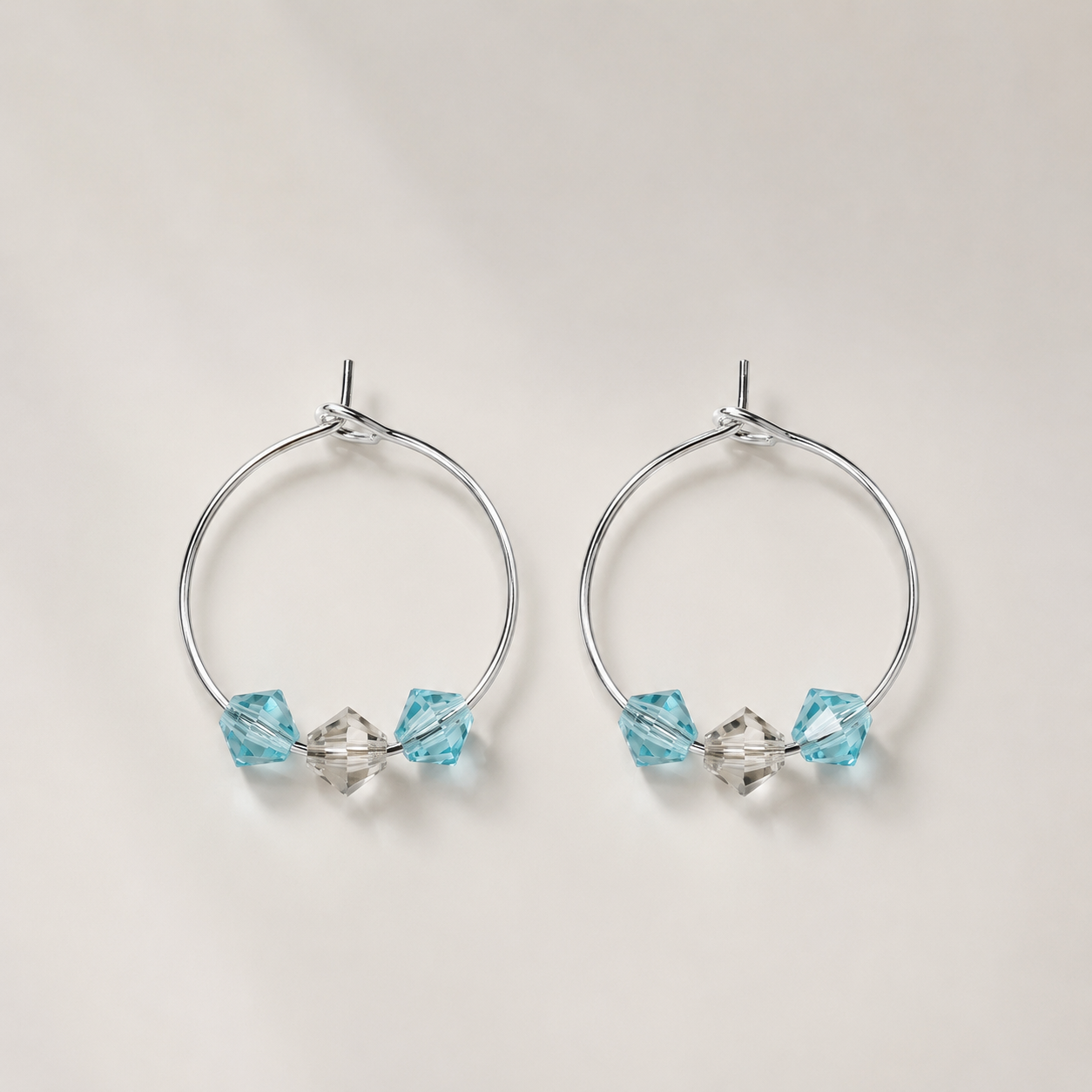 3 Mini Blue Czech Crystals on 925 Silver hoops 15mm