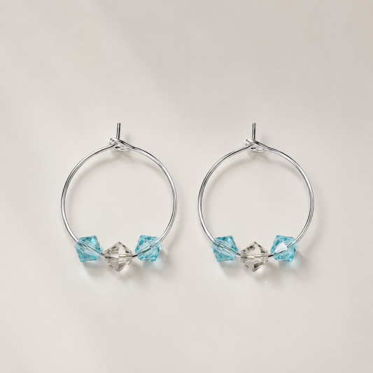 3 Mini Blue Czech Crystals on 925 Silver hoops 15mm