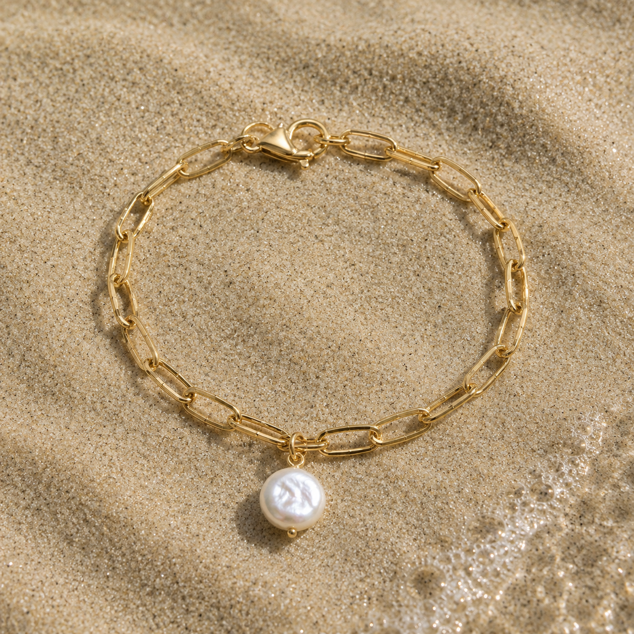 Fresh water pearl mint paper clip Gold Stainless steel bracelet